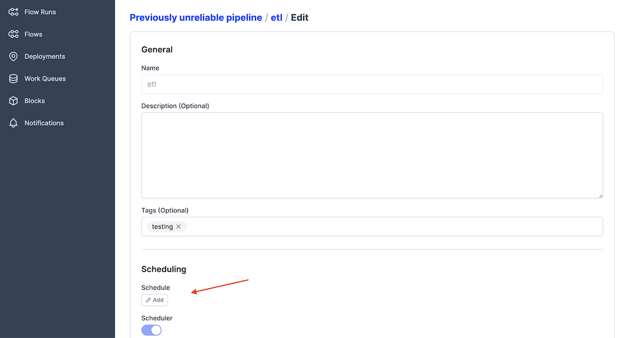 Prefect UI with Add button called out under Scheduling heading
