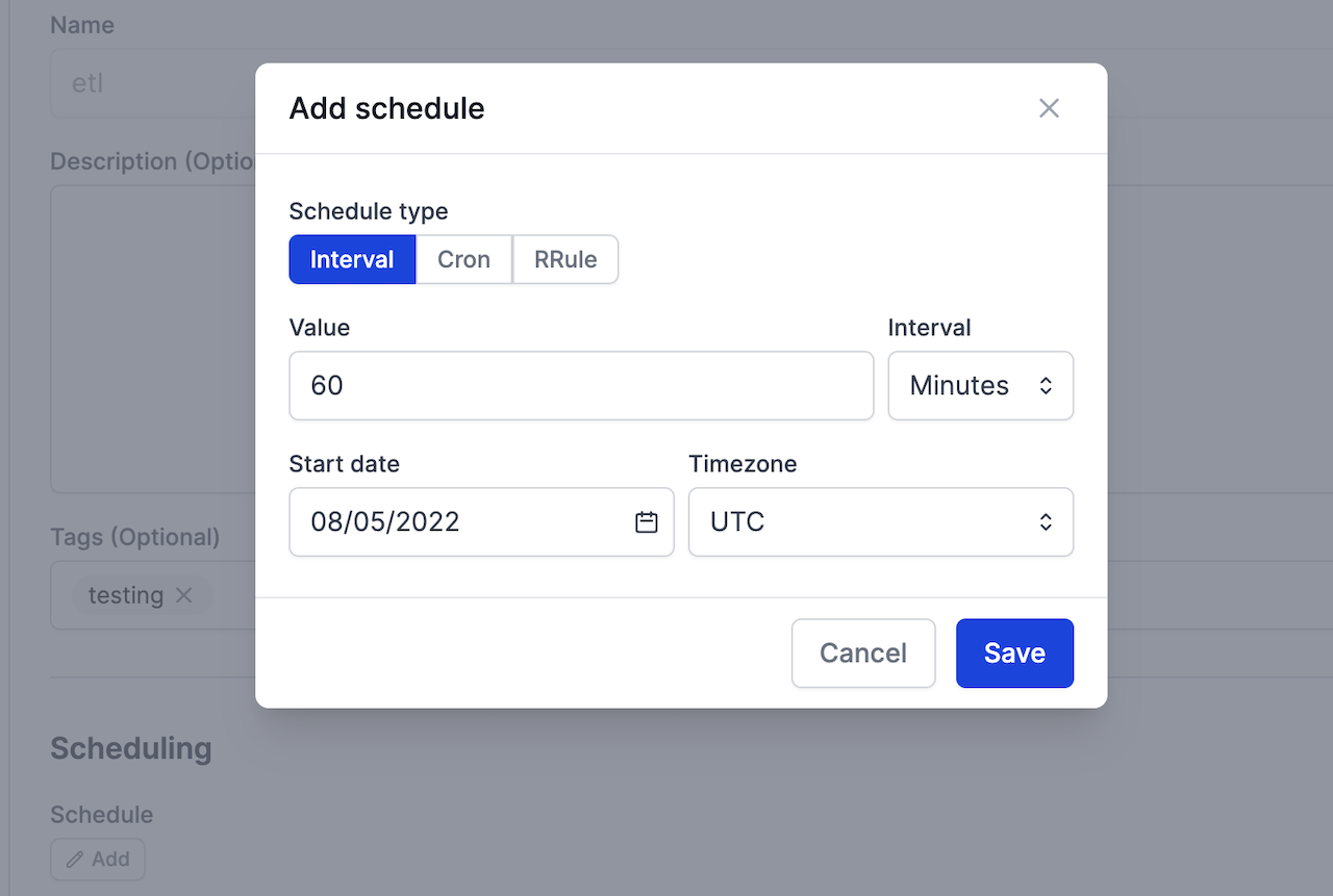 Prefect UI with Interval button selected