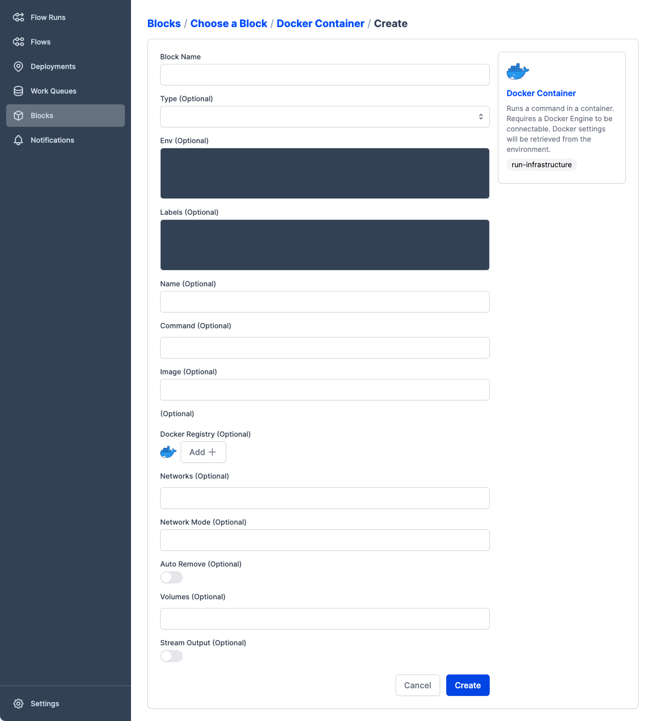 Viewing a list of infrastructure block types in the Prefect UI