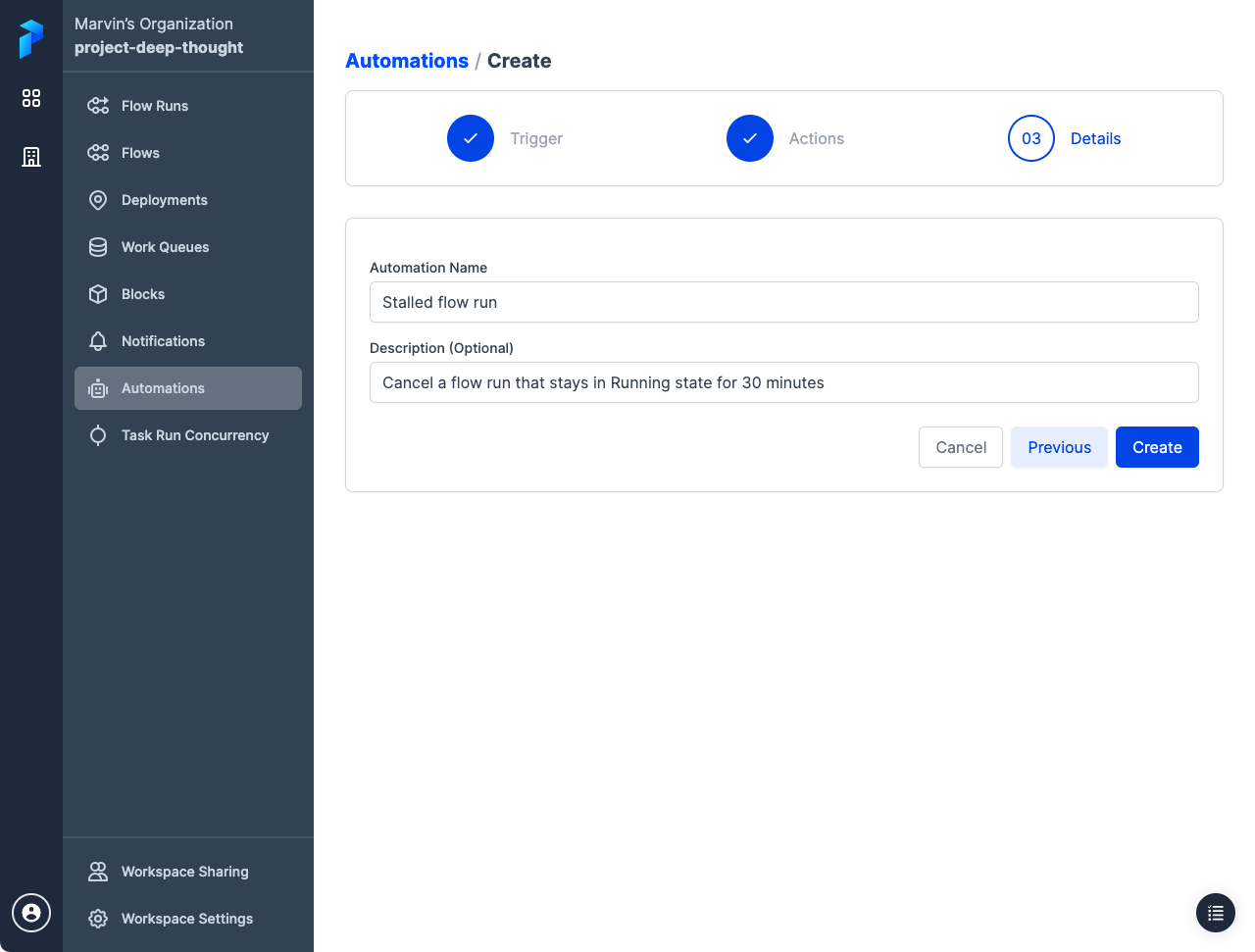 Configuring details for an automation in Prefect Cloud.