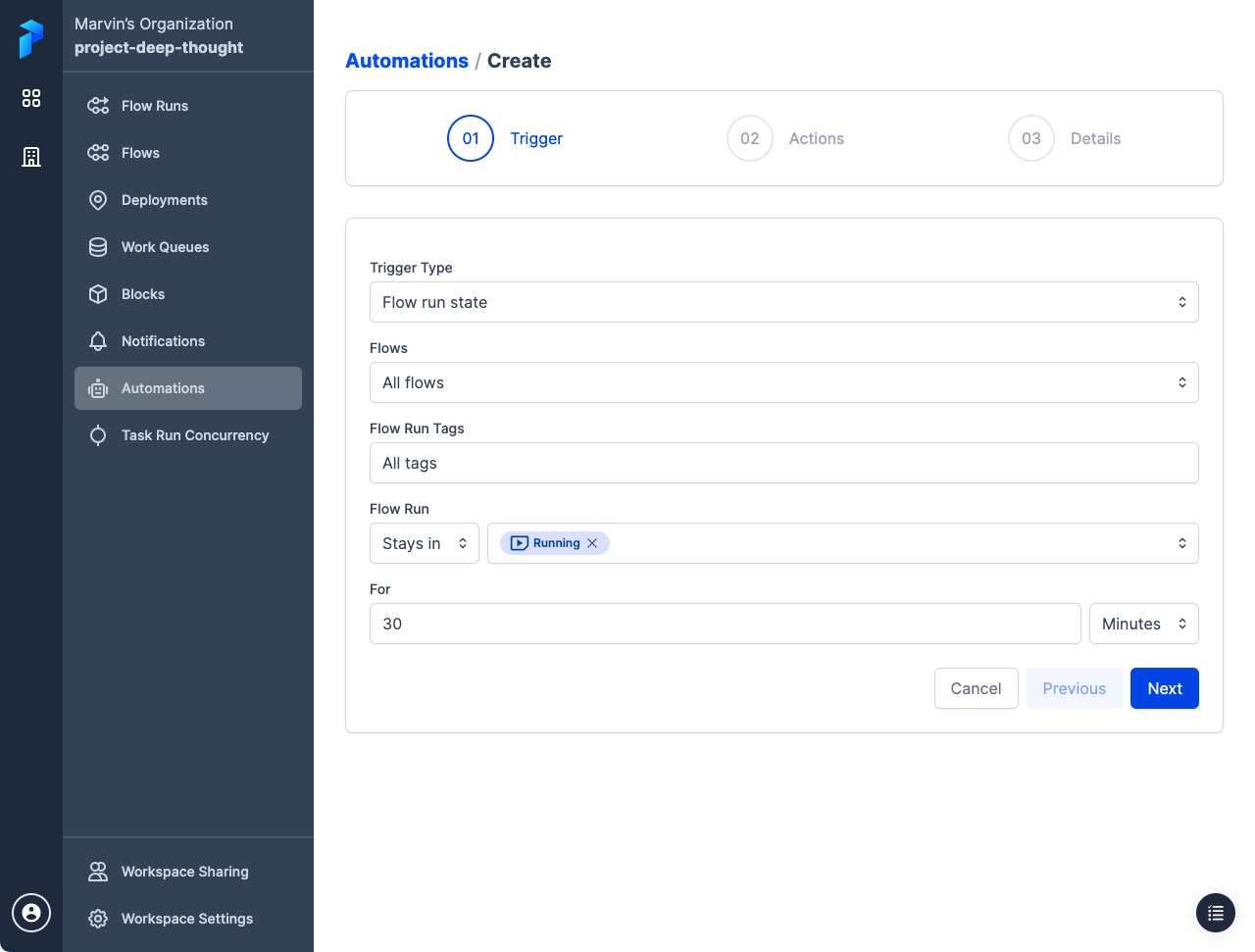 Configuring a trigger for an automation in Prefect Cloud.