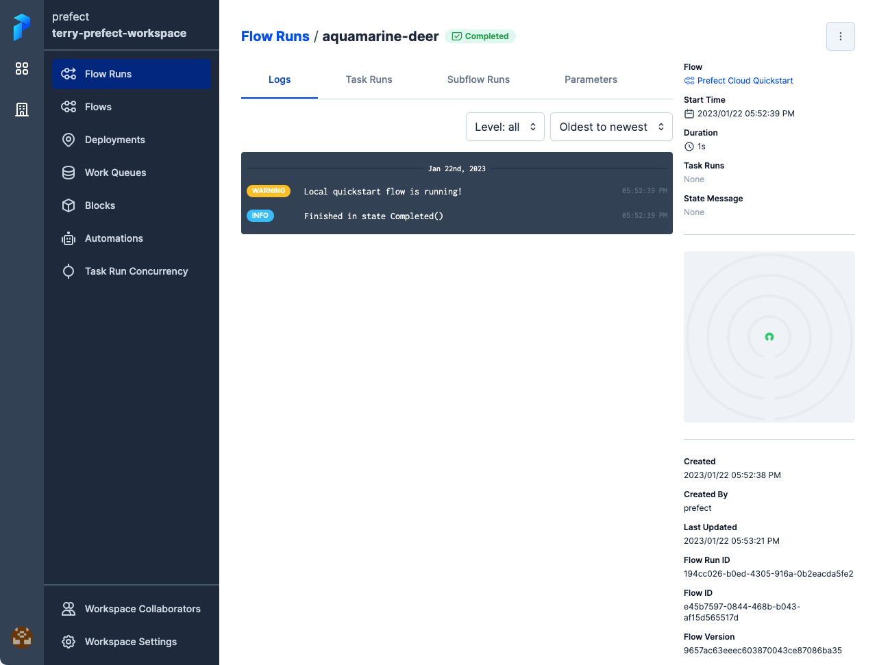 Viewing local flow run details in the Prefect Cloud UI.