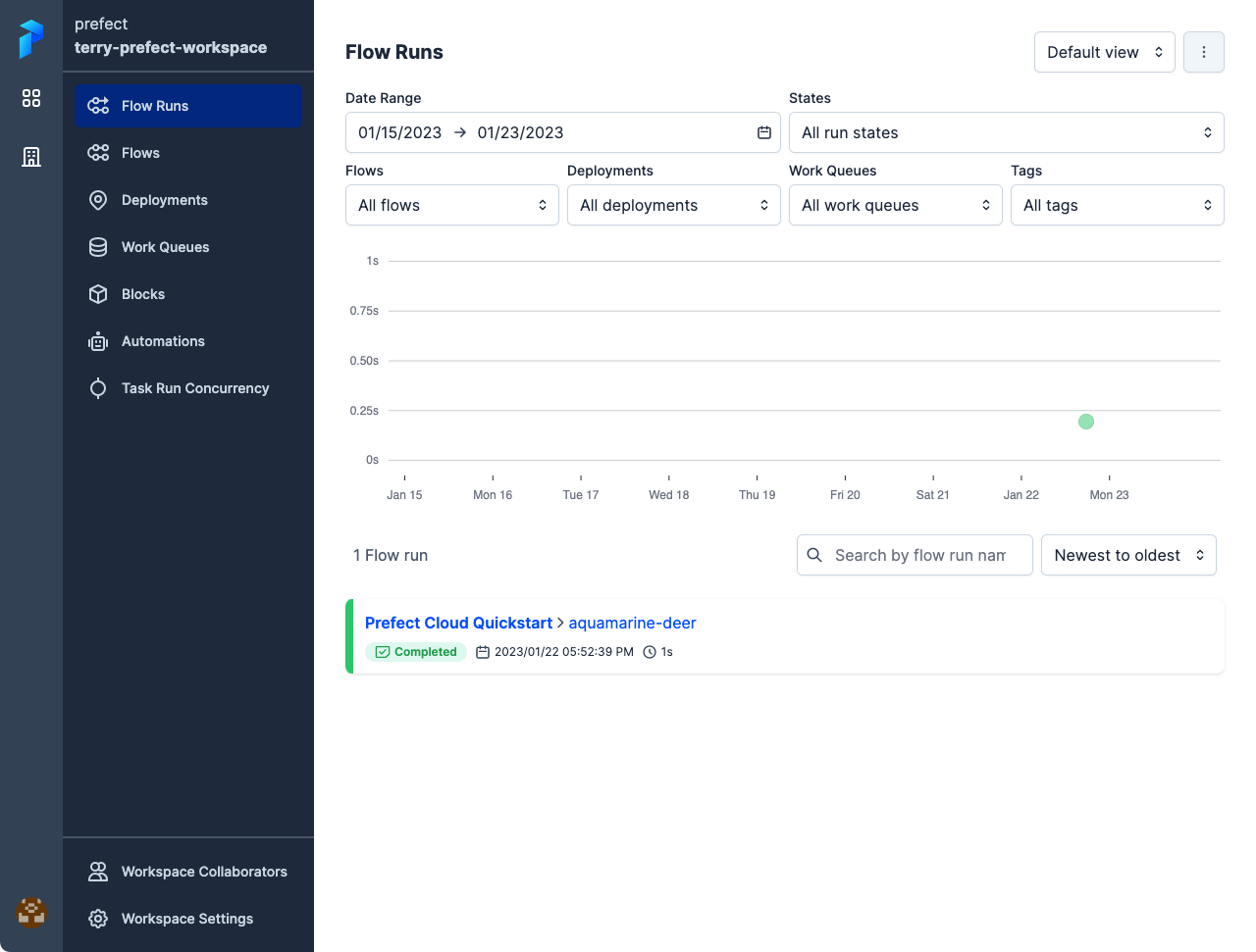 Viewing flow run results in the Prefect Cloud UI Flow Runs dashboard.