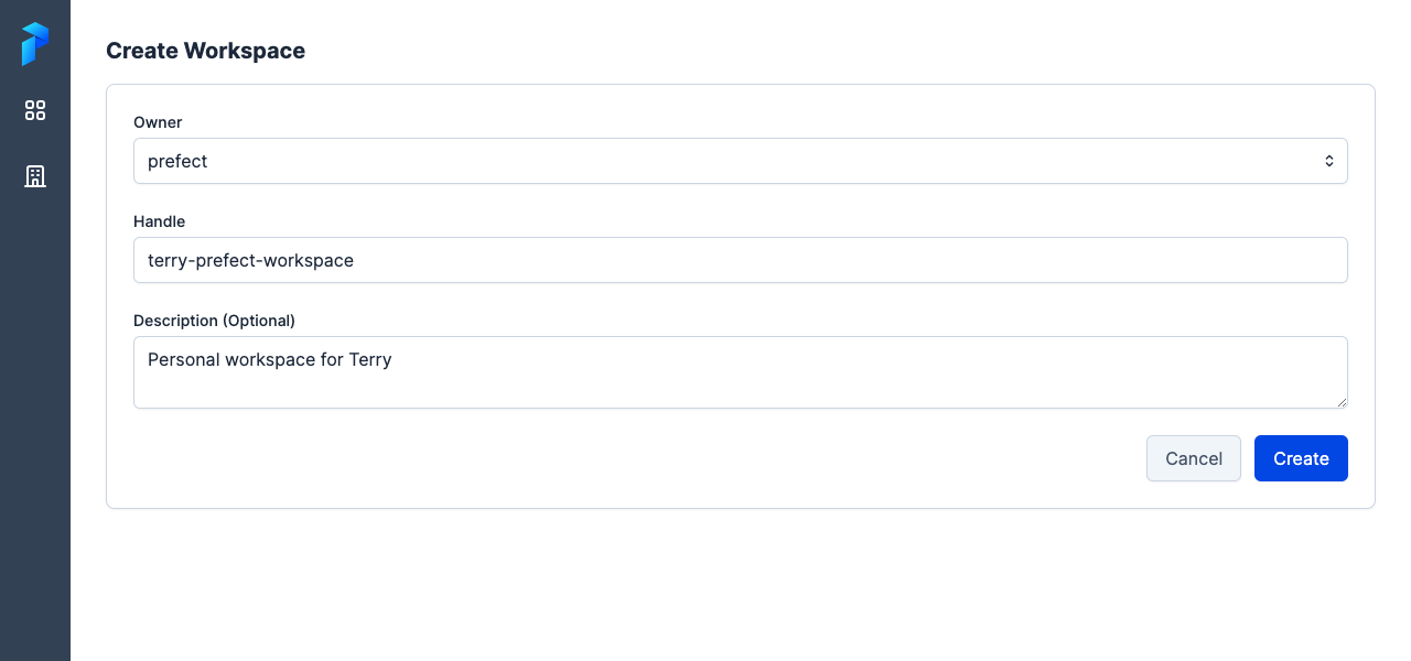 Creating a new workspace in the Cloud UI.