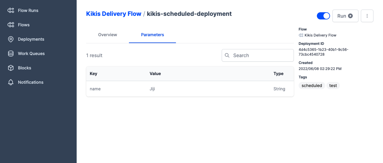Viewing parameters of a deployment in the Prefect UI