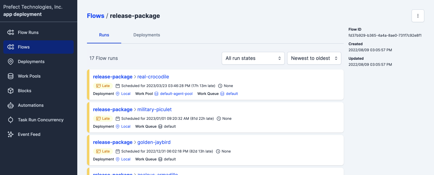 Details for a flow in the Prefect UI