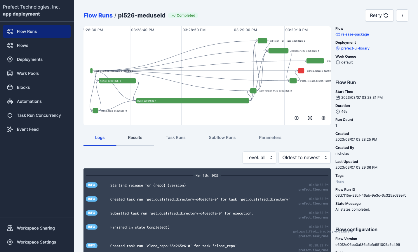 Viewing logs for a flow run in the Prefect UI