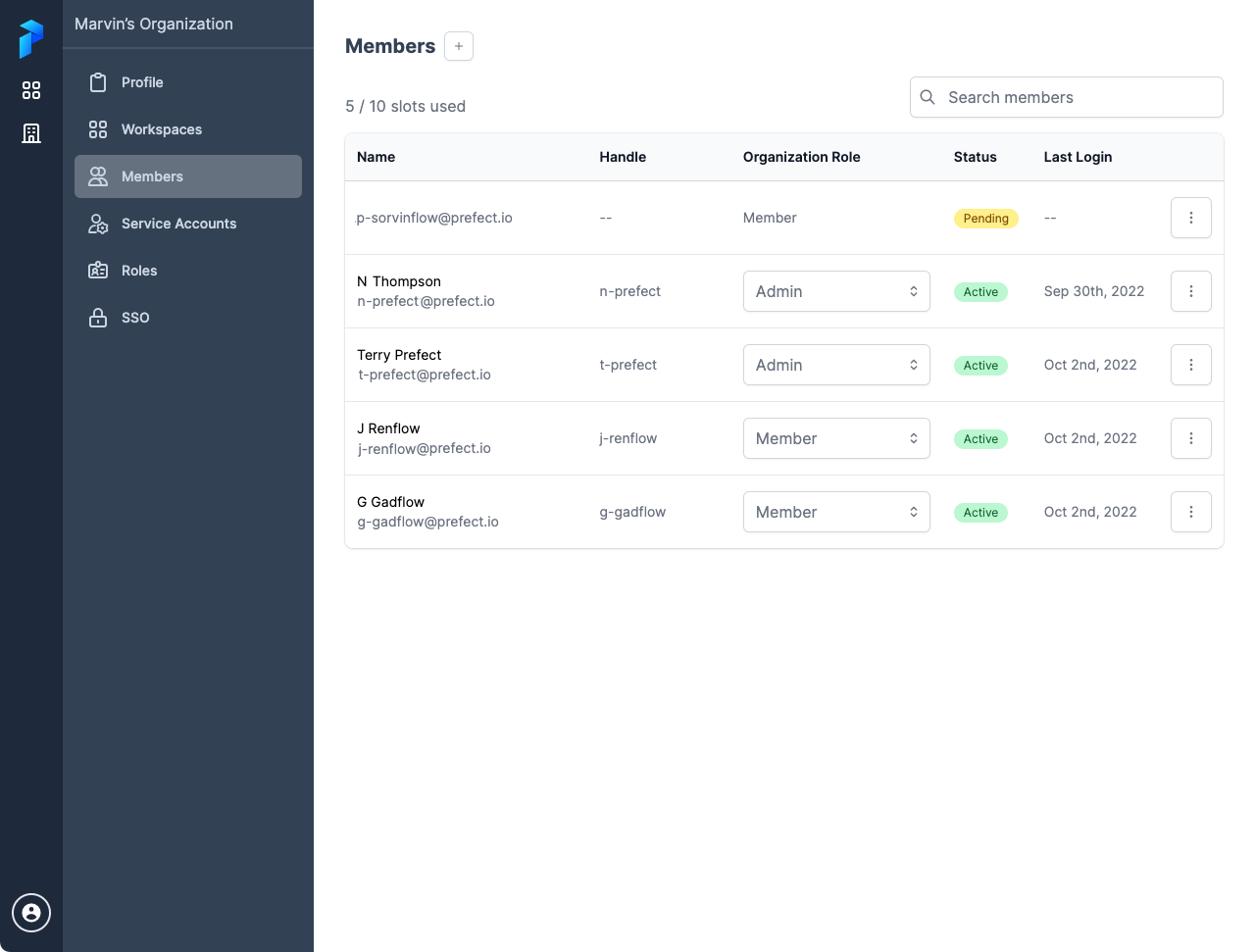 Viewing the Organization member page in Prefect Cloud.