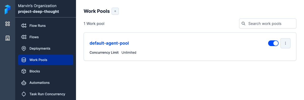 The UI displays a list of configured work pools