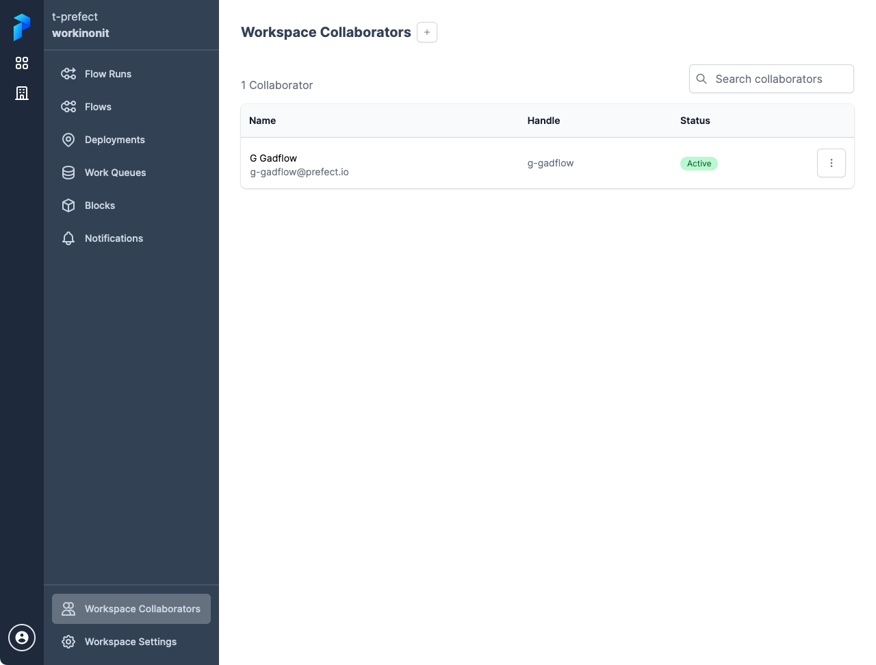 Managing collaborators in a workspace in the Prefect Cloud UI.