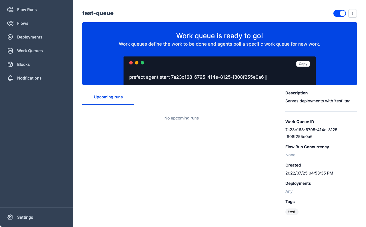 Viewing details of a work queue including agent configuration string