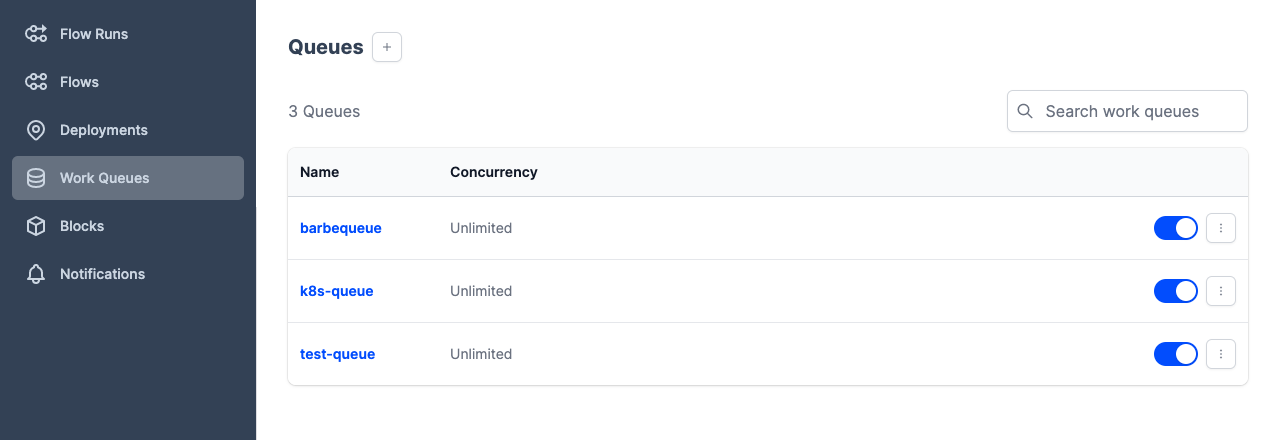The UI displays a list of configured work queues