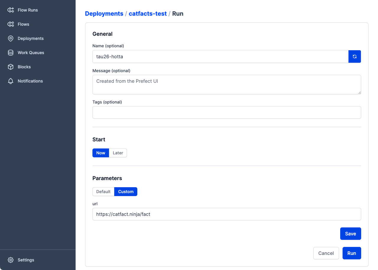 Configuring custom parameter values for an ad-hoc flow run