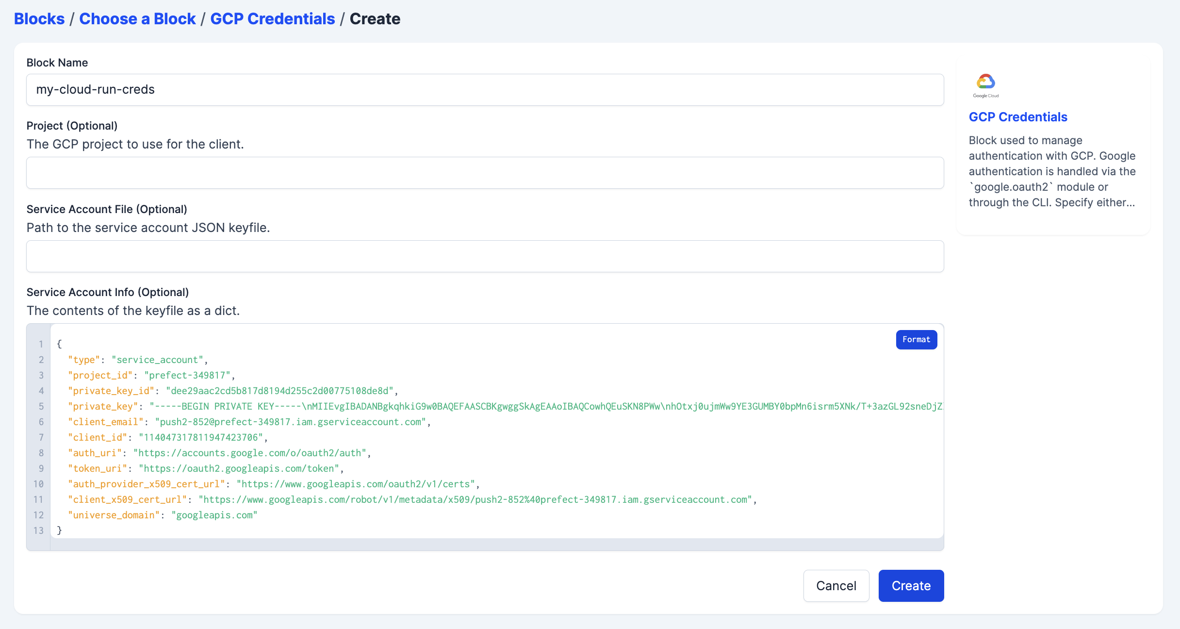 Configuring GCP Credentials block for use in cloud run push work pools