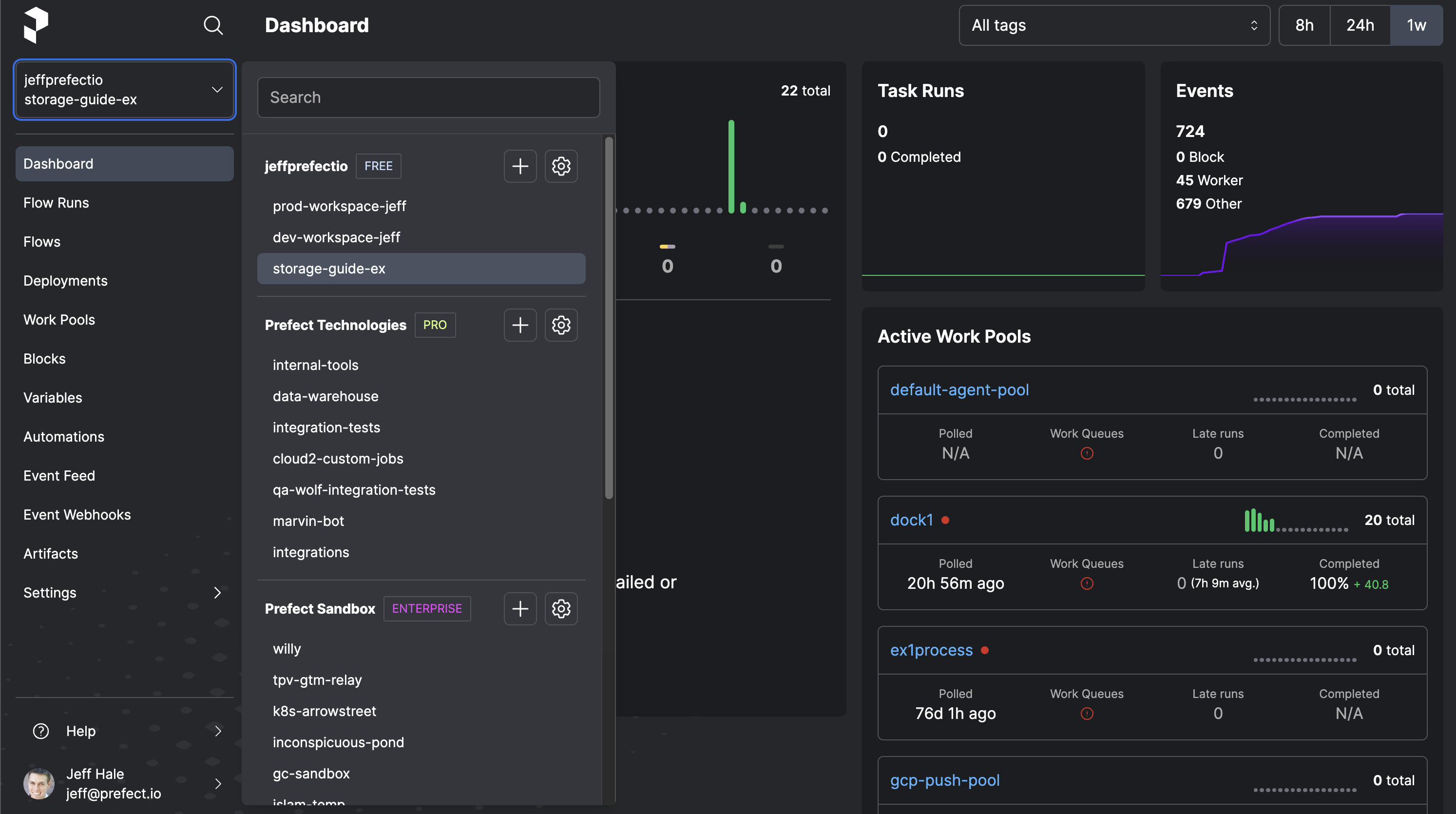 Viewing all available workspaces in the Prefect Cloud UI.