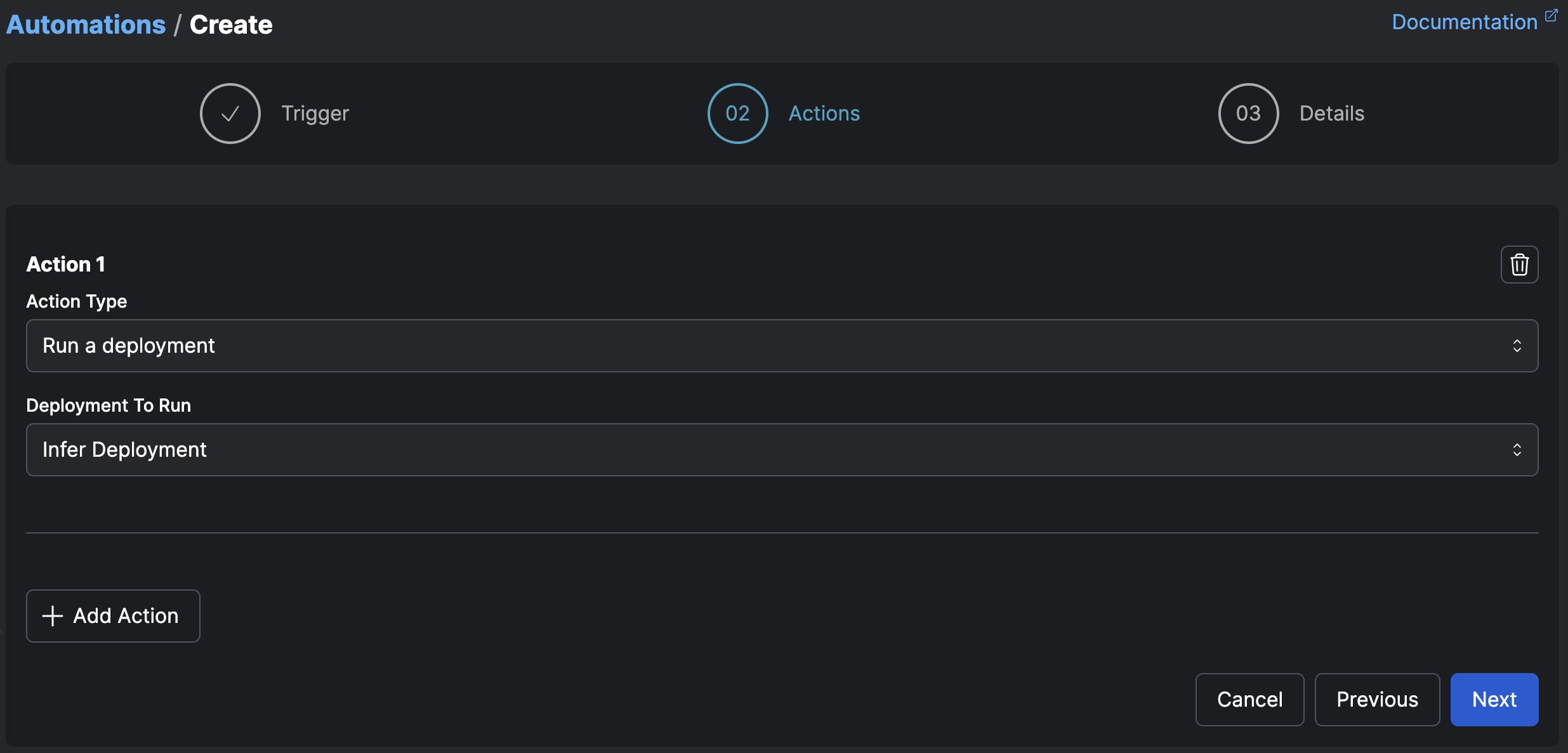 Configuring an action for an automation in Prefect Cloud.