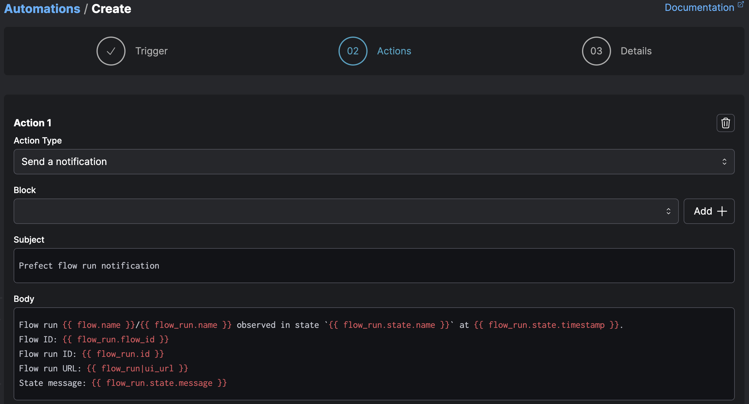 Configuring notifications for an automation in Prefect Cloud.