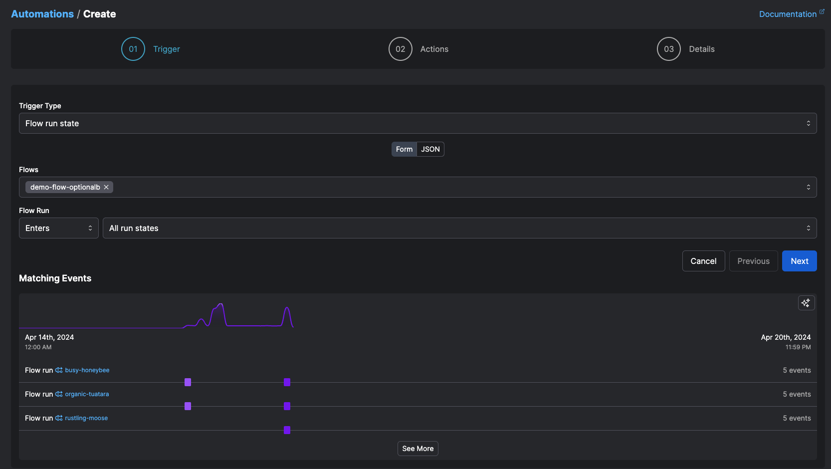 Configuring a trigger for an automation in Prefect Cloud.