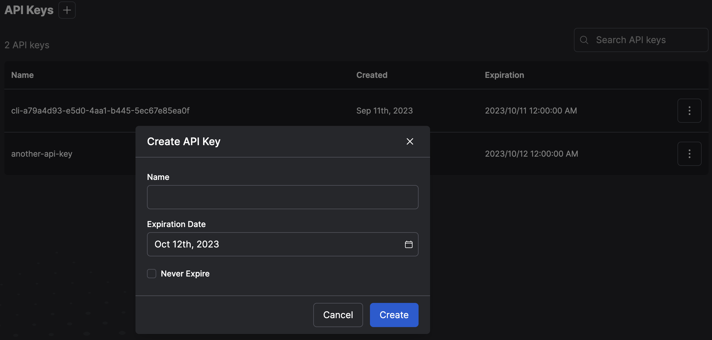 Creating an API key in the Cloud UI.