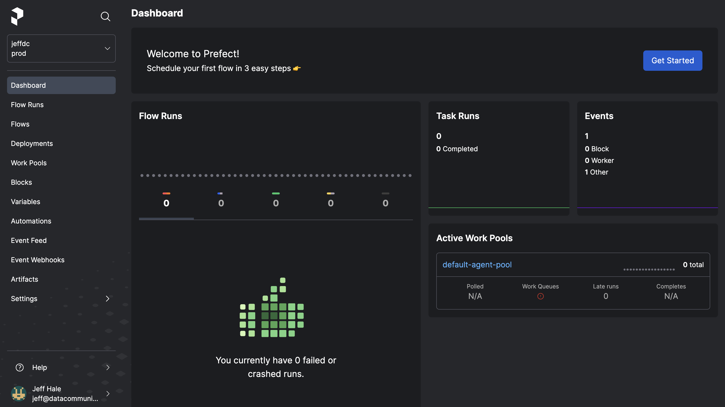 Viewing a workspace dashboard in the Prefect Cloud UI.