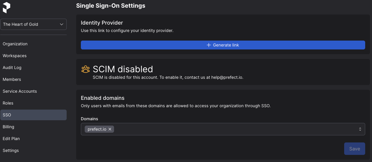 Generating a configuration link for single sign-on in the Prefect Cloud UI.