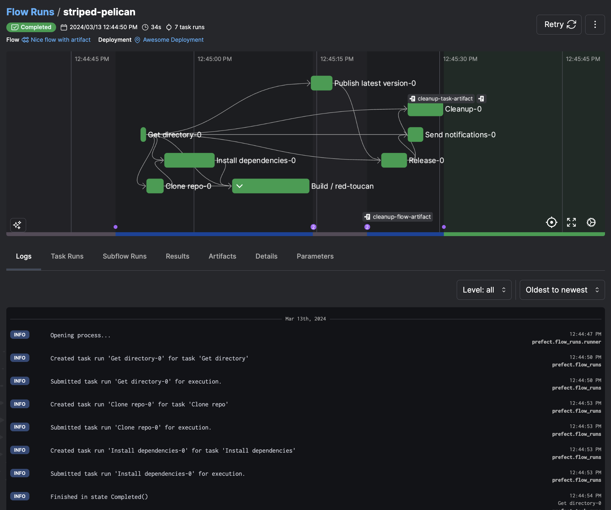 Viewing logs for a flow run in the Prefect UI