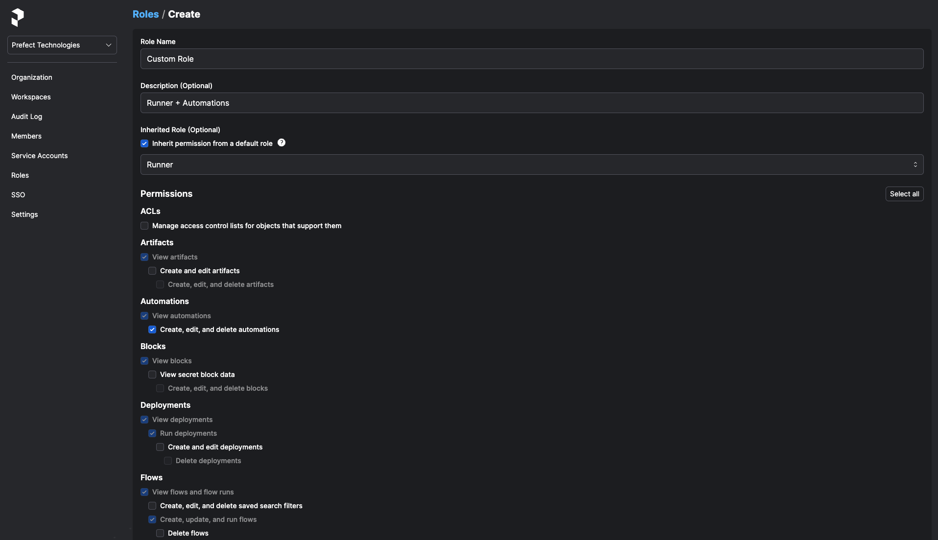 Creating a custom role for a workspace using inherited permissions in Prefect Cloud