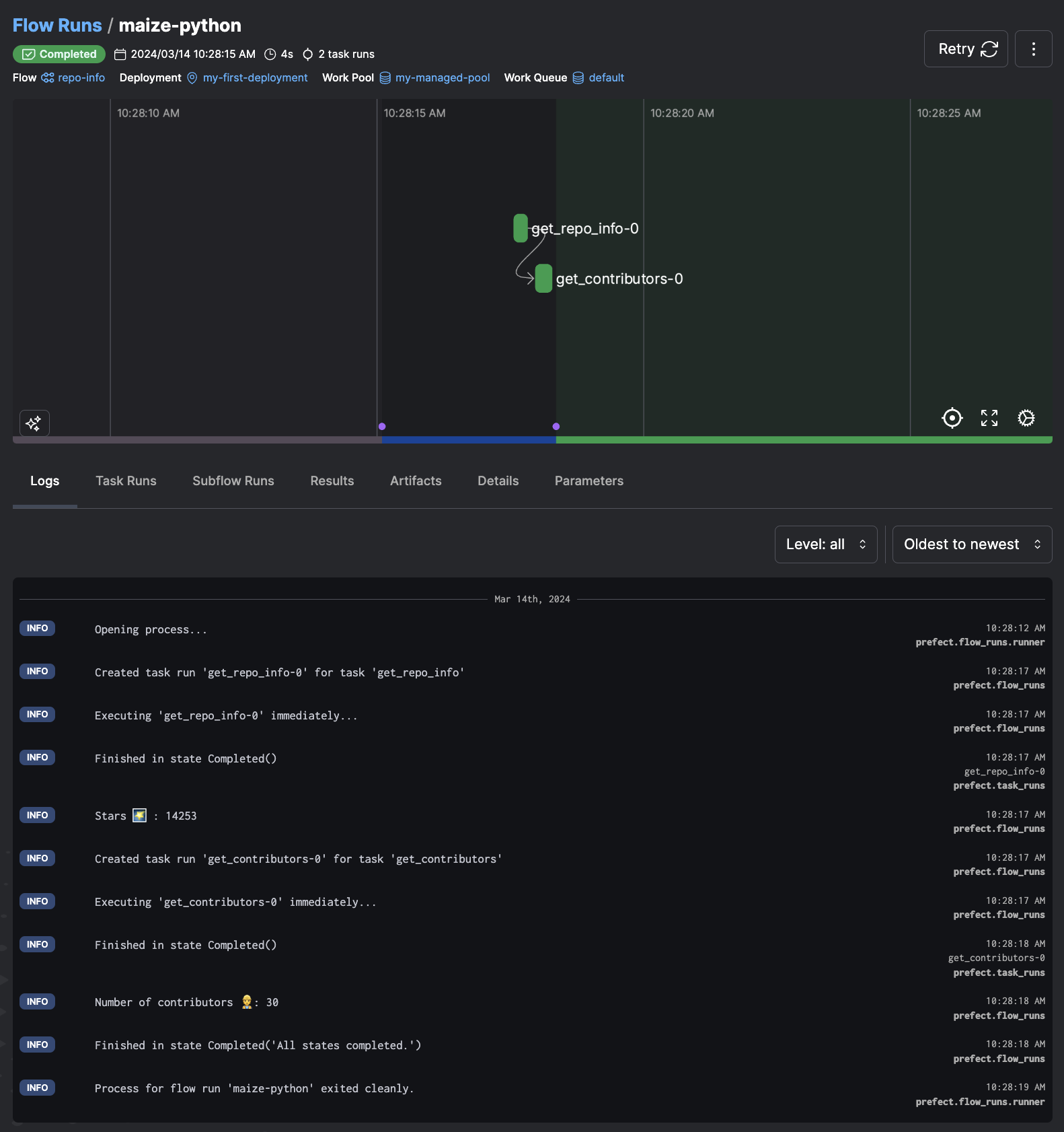 Managed flow run graph and logs