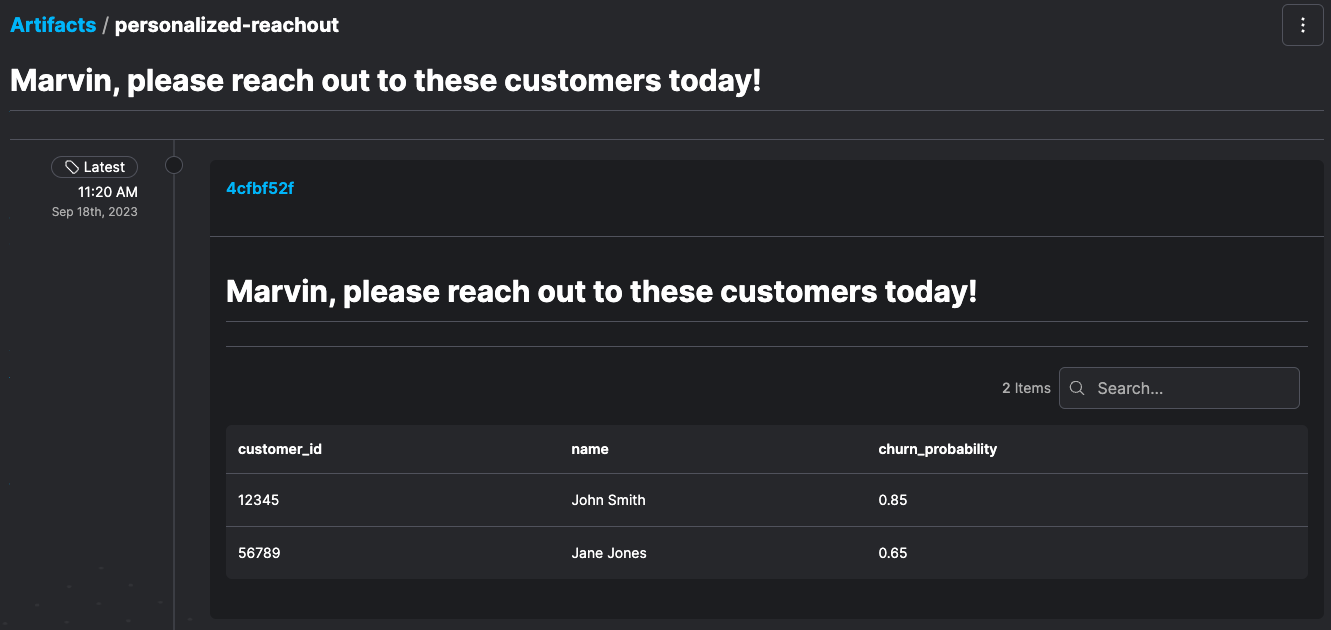 Table artifact with customer info