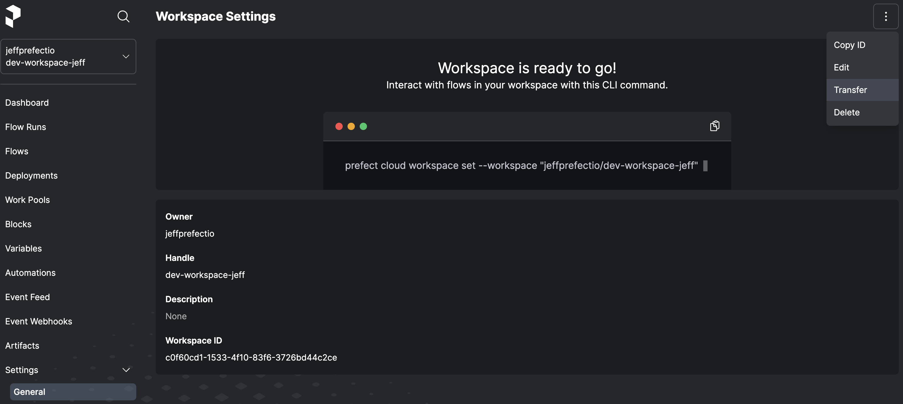 Initiating a workspace transfer in the Prefect Cloud UI.